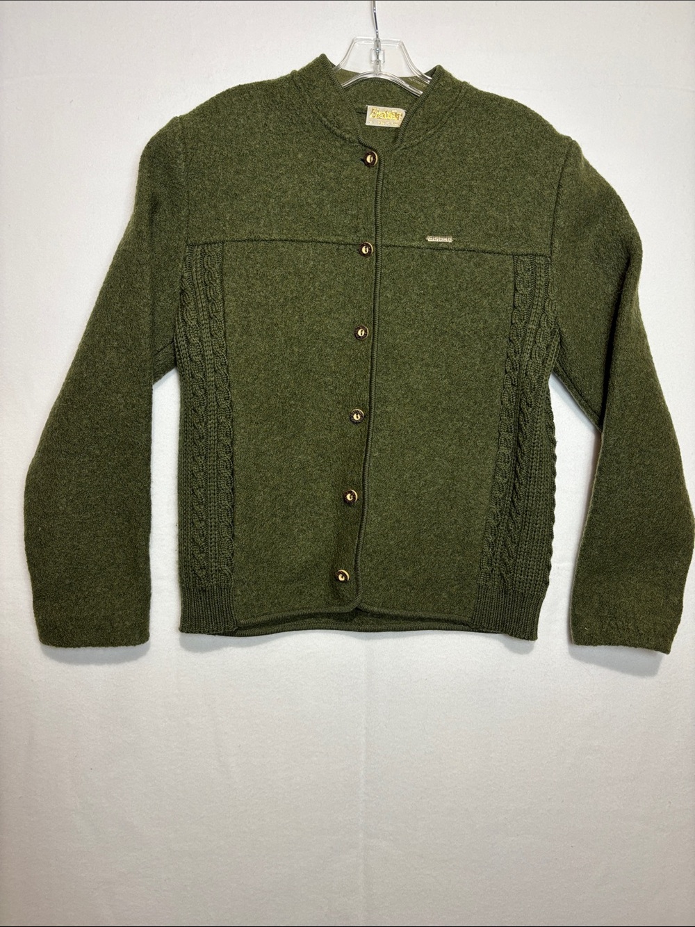 Women's Vintage Eisbär green wool jacket cardigan w/ cable knit accent Austria